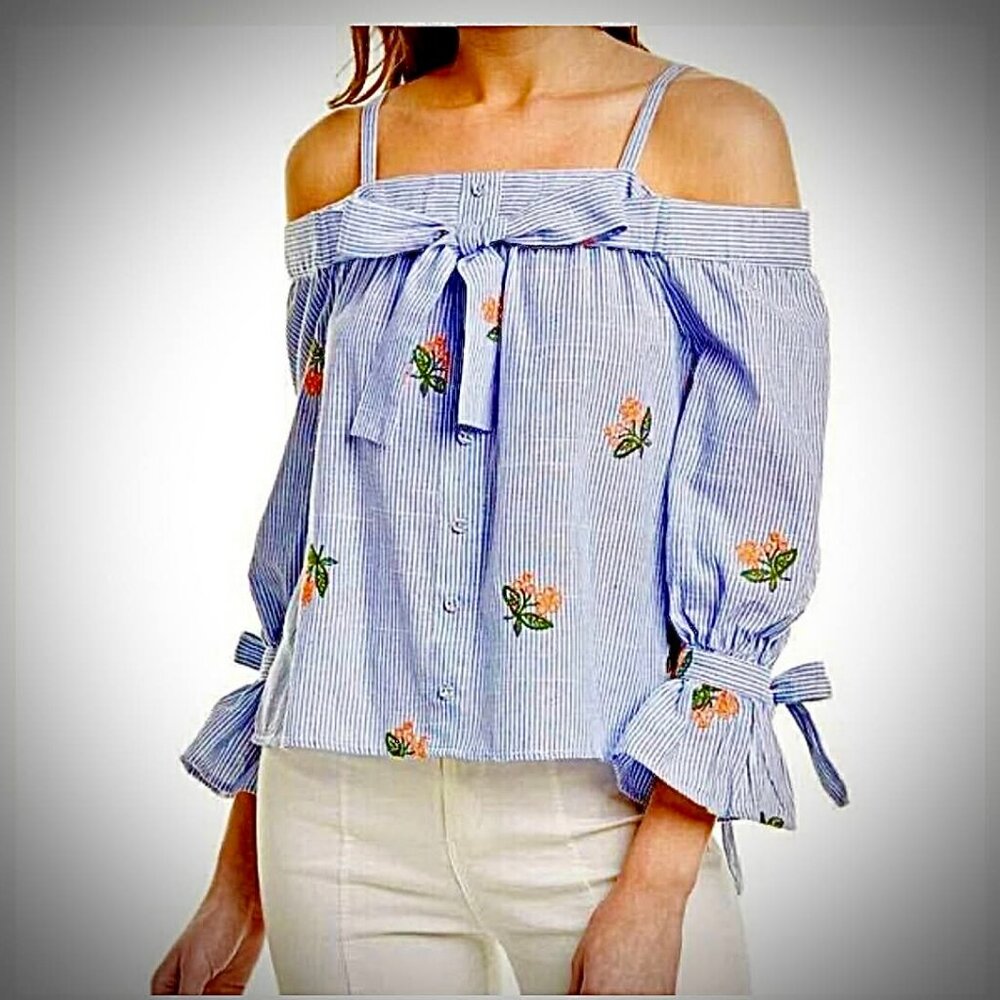 JOA Boho Chambray Stripe Embroidered Cold Shoulder Blouse S, M NWT